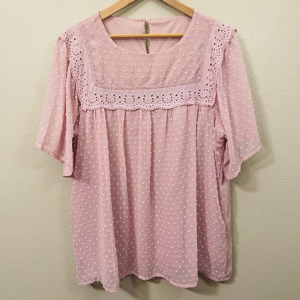 Flowy Pink Lace Detail Romantic Top Textured Lined Feminine Cottagecore Size XL
